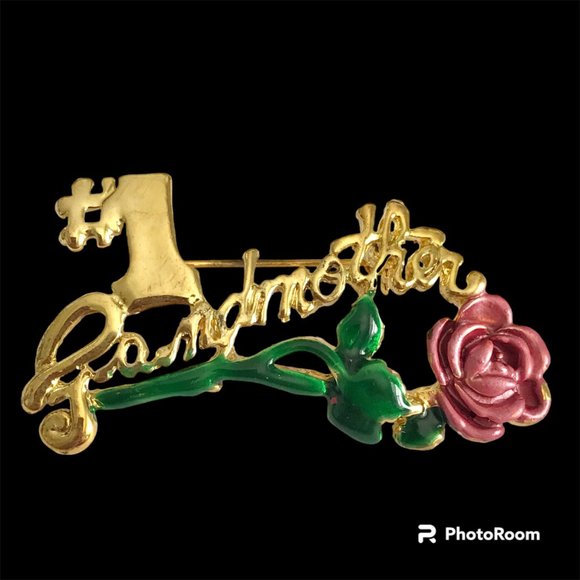 Vintage #1 Grandmother Brooch Pin Gold Plated Pink Rose Grandma Mothers Day Gift - Picture 4 of 9